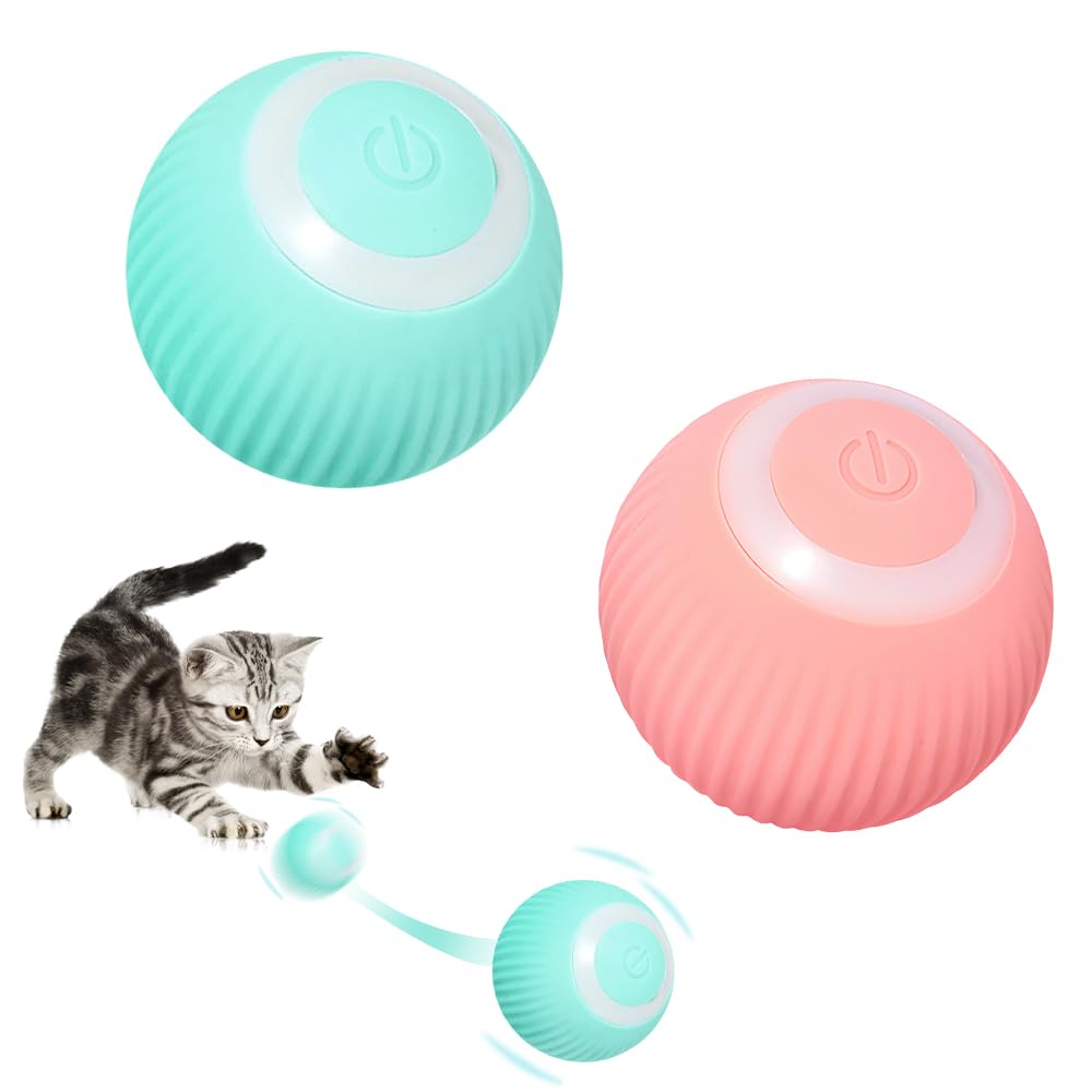 Hojalis Interactive Cat Toy Ball, Pack of 2 Cat Toy Electric Cat Ball with LED Light, 360° Self-Rotating Electric Ball, USB Rechargeable Cat Balls for Cats (Pink, Blue)