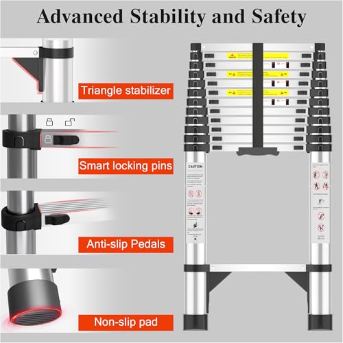 Image of Telescoping Ladder, 16.5 FT Aluminum Extension Ladder 330 Lbs, Silver | Telescopic & Retractable, Collapsible Extendable Ladder for House, Roof, RV & Travel Trailer