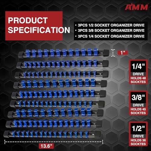 Image of AMM 9-Piece Socket Organizer, 1 /2 inch, 3 /8 inch and 1 /4 inch Drive ABS Tools-Blue Socket Holder,Heavy Duty Socket Racks, Premium Quality Socket Clip Rail Holder,The best tool trays in the garage
