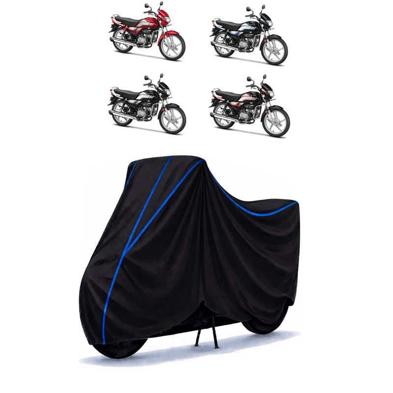 Image of Hero CD 100 SS Bike Cover Water Resistant Universal Motorcycle Rain | Heavy Duty UV Protection, Dust, Scratch Indoor Outdoor All Weather with Black Blue Piping Elastic