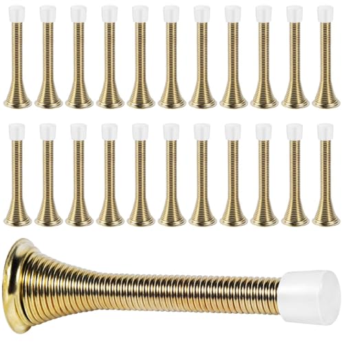 KISEER 24 Pack Spring Door Stops 3 1/4 Inch Flexible Heavy Duty Spring Door Stopper with RustProof Screw Rubber Bumper Tips (Gold)