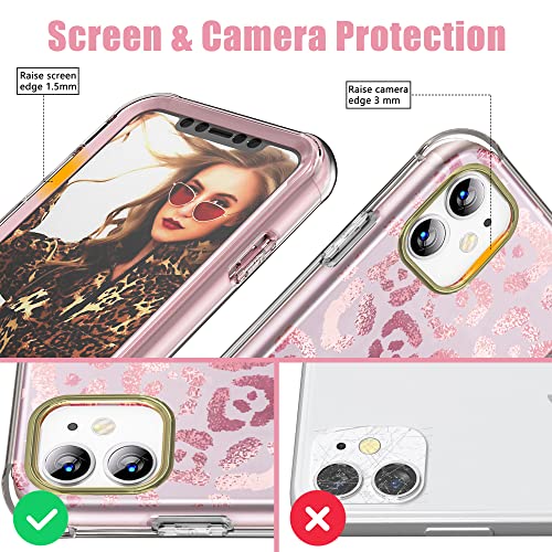 Skylmw Iphone 11 Case 2019 6.1 Inch With Built-In Screen Protector, Full Body Protective Dual Layer Shockproof, Hard Pc & Soft Tpu With Phone Bumper Cover Cases For Women Girls, Rose Gold-Leopard #TOP5