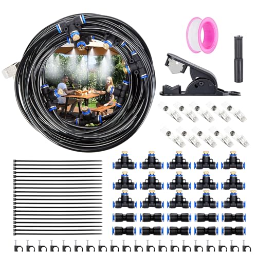AGPTEK Kit de riego sistema de nebulización de 12 m con 15 boquillas de niebla con junta en T, sistema de refrigeración exterior por niebla, nebulizador para terraza, jardín, trampolín