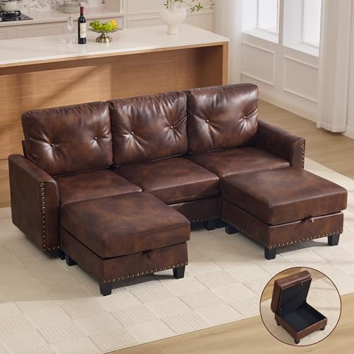 Image of 71 inch Faux Leather Modular Sectional 3 Seater Couch with 2 Storage Ottomans, Vintage PU Leather U Shaped Sofa with Nailhead Trim, Mid Century Modern Tufted Couches for Living Room, Office, Brown