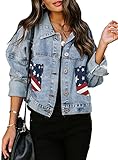 ZOLUCKY Jean Jacket for Women Distressed Frayed Cropped Jackets American Flag Print Ripped Denim Jacket With Pockets, Oblique Stripe Medium
