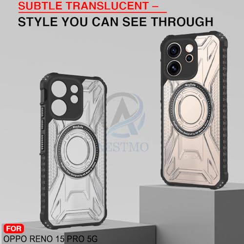 Image of AESTMO Hybrid Shockproof Back Cover Case for Oppo Reno 15 Pro 5G Compatible with MagSafe | Hard Back Case Cover for Oppo Reno 15 Pro 5G (PC & TPU, Translucent Back, Black Sides)