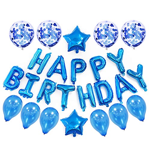 LEADTEAM Multicolor Happy Birthday Balloons Decorations Set- 13 pcs Letter Balloons Banner ,2 pcs Giant Star Foil Balloons,4 pcs Confetti Balloons,6 pcs Latex Balloons (Blue)