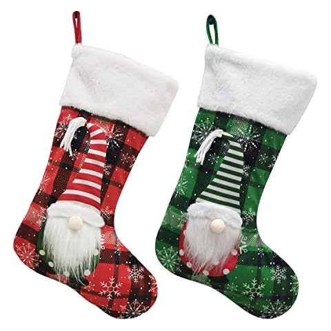 YELAIVP 4 Pack Christmas Stocking Faceless Doll Buffalo Plaid Large Christmas Stocking Bags, Christmas Hanging Socks for Party Decoration and Xmas Day Cover