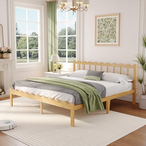 Image of ZIYOO 14inch King Bed Frame with Wavy Headboard and Footboard, No Box Spring Needed Easy Assembly Platform Bed with Metal Slats, Modern Wood Foundation