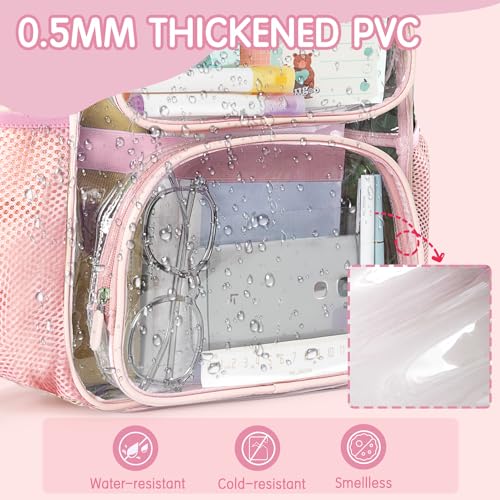 deli Clear Backpack for School, Heavy Duty PVC Transparent Bookbag for Boys and Girls, See Through Backpack for College Work Travel, Pink4