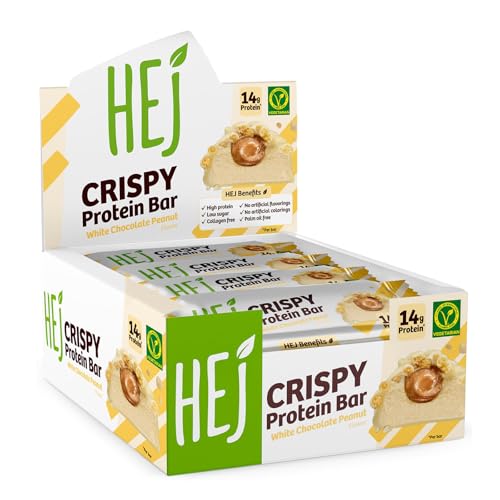 HEJ Crispy Protein-Riegel - Zuckerarmer High-Protein-Snack - Mit 14g Eiweiß - Vegetarisch - Ohne Künstliche Aromen & Sucralose - White Chocolate Peanut 12 x 45g
