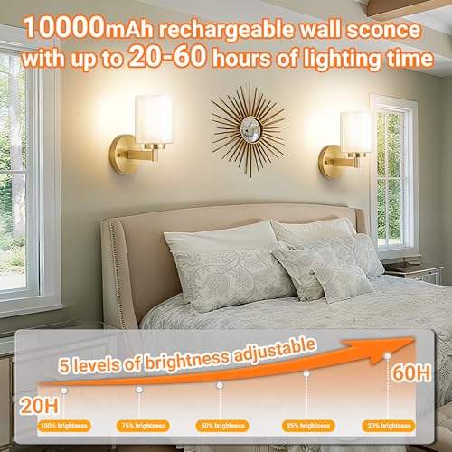 Image of Nekhung Battery Operated Wall Sconce Set of 2, Wireless Wall Sconce with Remote,10000mAh Rechargeable RGB Dimmable Bathroom Light Fixtures with Double Clear Glass Shade NOT Hardwired