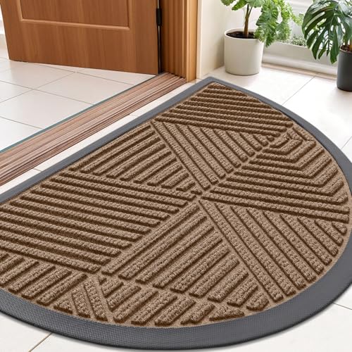 Image of Smiry Half Circle Front Door Mat Outside Entrance, Heavy Duty Sturdy Natural Rubber Doormat, Trap Dirt and Moisture, Low Profile Mats for Indoor Outdoor Entry, Irregular Triangle (35x23, Coffee)