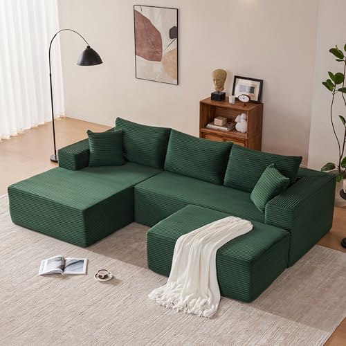 Image of Mangodan 110 inch Cloud Sectional Couch, Modular Sectional Sofa with Deep Seat, Boneless Sofa for Living Room, Fluffy Comfy U-Shaped Couch with Left Facing Chaise, No Assembly Required, Green