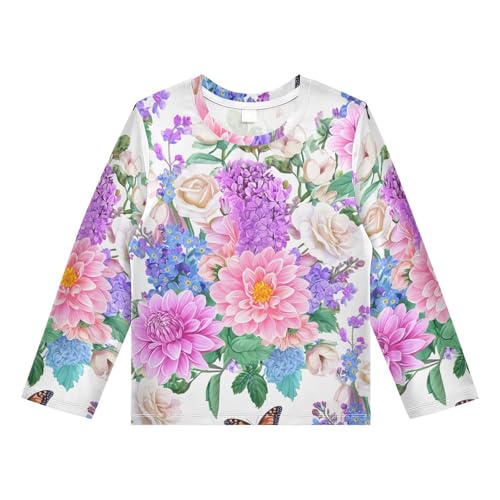 Rose Butterfly Floral White Boy's Rash Guard Swim Shirt Long Sleeve Sun Shirt for Kids Toddlers UPF50+ 3T