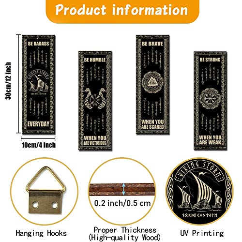 Nordic Vikings Wood Sign 4 Pieces Celtic Drakkar Rune Wall Decor Scandinavian Vikings Boat Hanging Wooden Signs Mediaeval Wall Plaque for Home Kitchen Mythology Vegvisir Runes Artwork Pagan Art(Black)