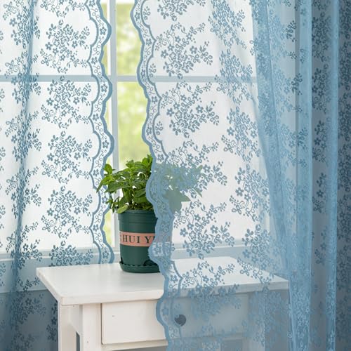 Stone Blue Curtains 63 Inches Length for Boys Bedroom Nursery Boho Country Floral Lace Sheer Curtains for Kitchen Summer Beach Themed Ocean Coastal Room Decor 2 Panles W52 X L63 Light Dusty Blue