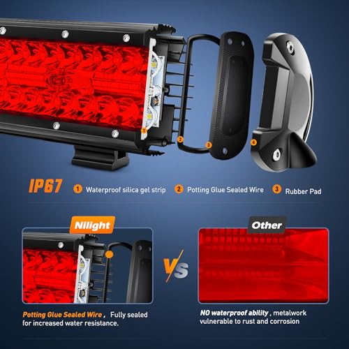 Image of Nilight LED Light Bar 12 Inch 240W Red Pod Lights Triple Row Spot Flood Combo 30000LM Driving Boat Off Road Lighting for Trucks Pickup Golf Cart SUV ATV UTV 4x4 Van Camper Tractor