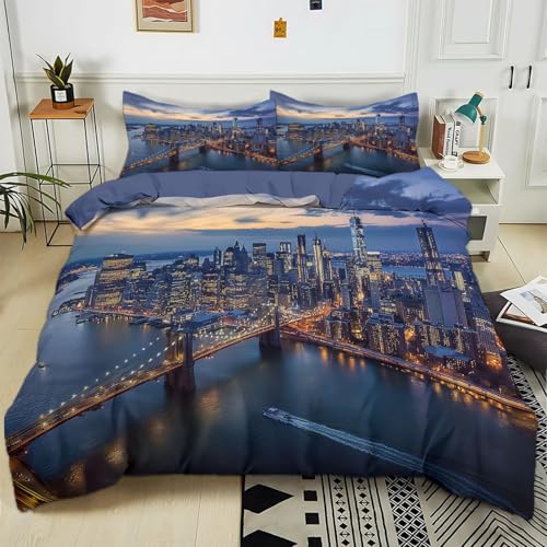 Housse de Couette 90x190 cm Pont Brooklyn sur Les Toits La Ville New York Parure de lit Adult Enfant avec 1/2 Taie d'oreiller 65x65 Reversible Parure Housse...