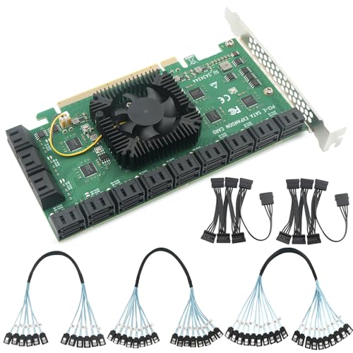 PCIEx16 to 24-Port SATA 3.0 Expansion Card with 20 inches SATA Bundle Cables for Desktop SSD/HDD, Plug & Play, Compatible with Windows/Linux/ESXi
