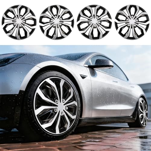 Image of 16 inch Hubcaps Set of 4, Silver with Black Wheel Covers, Universal ABS Snap-On Hub Caps for 16 inch Wheels, Car SUV Truck Wheel Rim Covers, Car Replacement Exterior Accessories