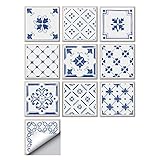 decalmile 10 Piezas Pegatinas de Azulejos 15x15cm Azul y Blanco Adhesivo Decorativo para Azulejos Cocina Baño Decoración