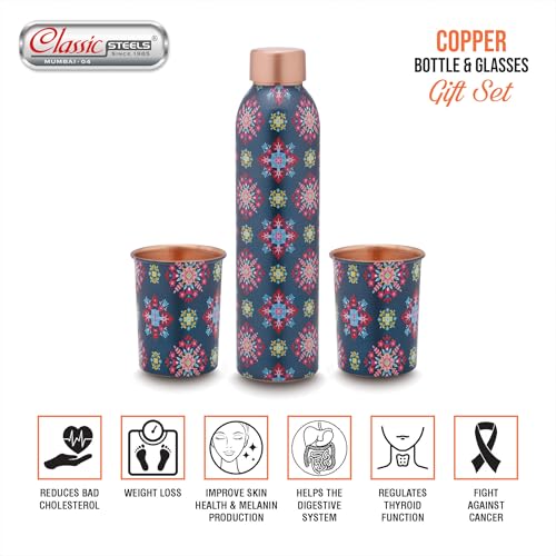 Image of Classic Steels Elegant Ethnic Green Copper Water Bottle Set with 2 Glasses - 1L Capacity | Best Gift For Diwali, Wedding Anniversary And All Other Occasions. (Blue Ethnic Copper Bottle Set)