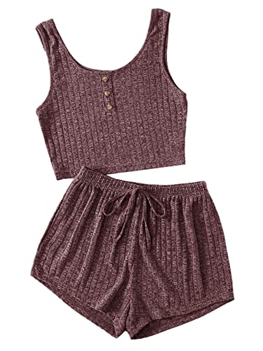 Image of SOLY HUX Women's Button Front Ribbed Knit Tank Top and Shorts Pajama Set Sleepwear Lounge Sets