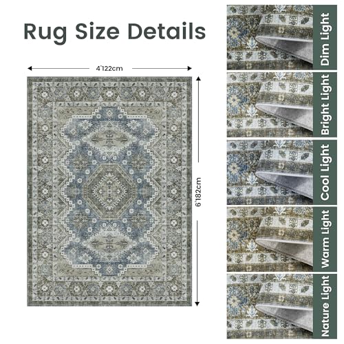 Rugland 4x6 Rug - Stain Resistant Washable Rug, Anti Slip Backing Rugs for Living Room, Vintage Tribal Area Rugs (TPR07-Green, 4'x6')