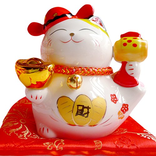 4" White Ceramic Maneki Neko Lucky Cat Coin Bank Style Champion Cap