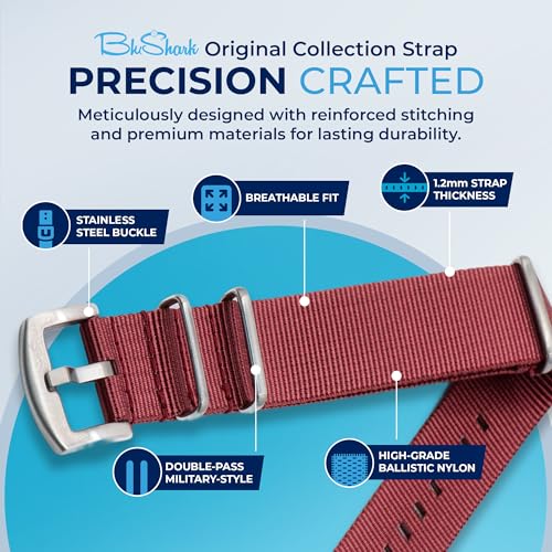 Image of BluShark - Original Collection Military-Style Waterproof Watch Strap, Fits All Timepiece Brands, Durable Nylon Wristwatch Accessories with Stainless Steel Buckle - 18mm, 20mm, 22mm & 24mm Watch Bands