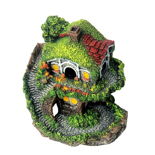 Image of RVQIGYPFish Tank Decoration Hobbit Cabin, Magic Underwater Cabin, elf House Aquarium Decoration, Hand-Carved Resin Material Anti-Fading Medium and Large Fish Tank Landscaping +Water Plants