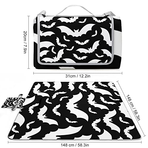 Kazynee Gothic Halloween Bat Beach Picnic Blanket Horror Halloween Black and White Bats for Outdoor Picnics, Beach, Camping 58.3x58.3 Inch