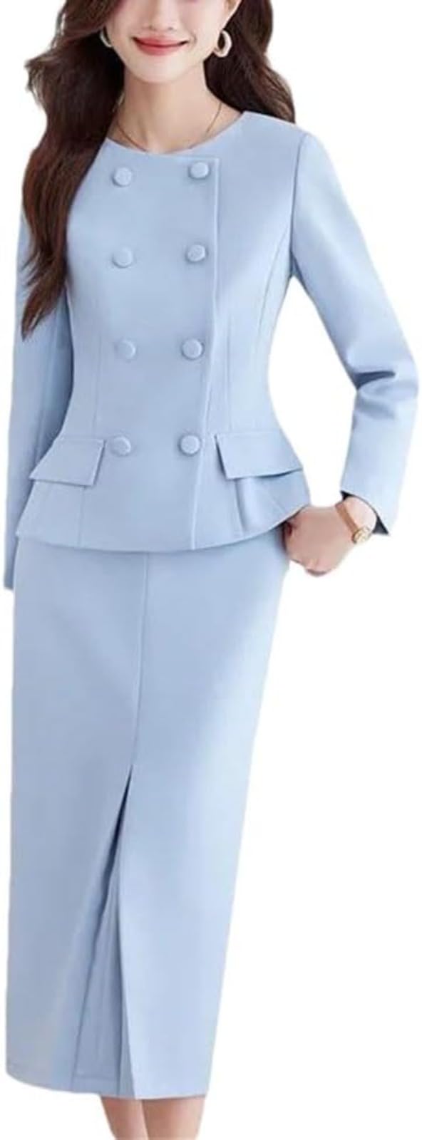 Damen Zweiteiler Mit Langarm Rundhalsausschnitt Zweireihiger Jacke Und Rock Fürs Büro Elegantes Business Casual Set Mit Rock Für Partys Und Bankette
