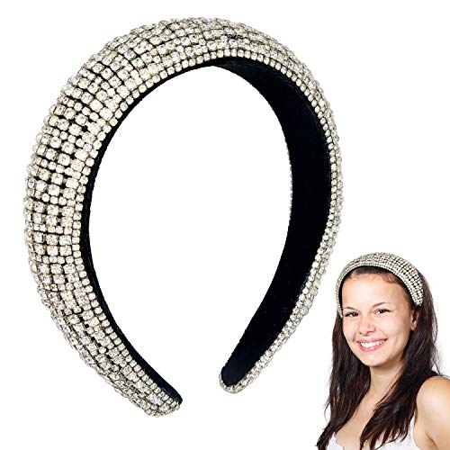 Rhinestone Padded Headband Baroque Diamond Hairband Crystal Embellished Wide Hair Hoop Bejewelled Statement Velvet Headdress for Wedding Parties Headpiece Hair Accessory (Silver)