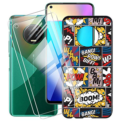 HHUAN Case Black + 2 Pack Tempered Glass Screen Protector for Infinix Note 7 (6.95"), Flexible TPU Shell Silicone Gel Protective Case Bumper Cover - Happy