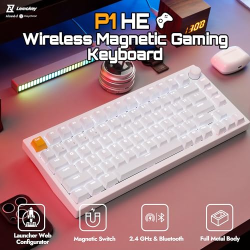 Image of LEMOKEY P1 HE 75% Wireless Custom Mechanical Gaming Keyboard with Gateron Double-Rail Magnetic Switches Knob Version, QMK 2.4 GHz Bluetooth 5.2 RGB Backlight Compatible with Mac Windows Linux-White