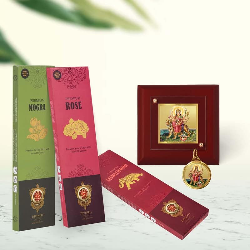 Durga MDF 1A Gold Plated Photo Frame, 24K Double sided Gold Plated Pendant 18 MM and 3 Pcs Incense Sticks For Navratri Festival Prayer & Auspicious Occasion (Combo Pack)