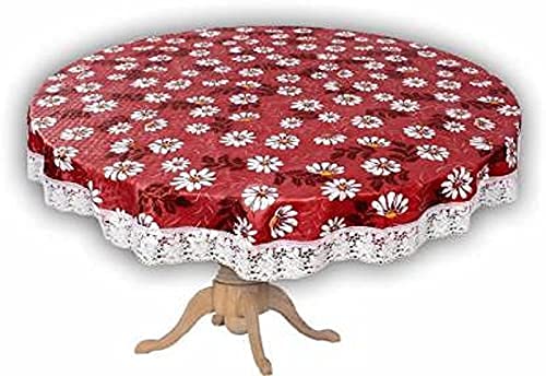 KARTIKEY Flower Printed Small Center Table Cover Red Color with White Lace - 2 Seater Table, 45" Round