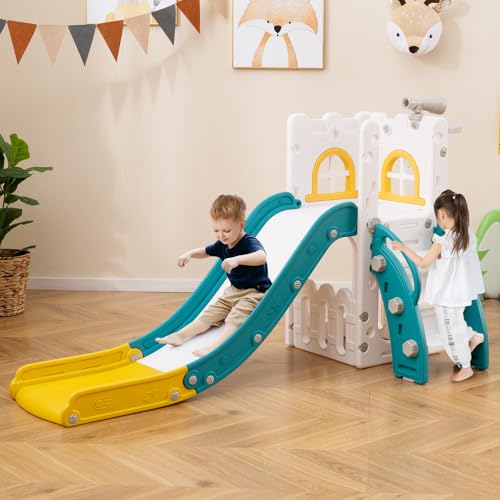 GOPLUS 6 en 1 Toboggan Interieur Enfants avec Panier de Basketball, Télescope, Espaces de Cachette et Rangement, Aire de Jeux Intérieur Exterieur Idéal pour Tout-Petits 1-3 Ans (Vert+Jaune)