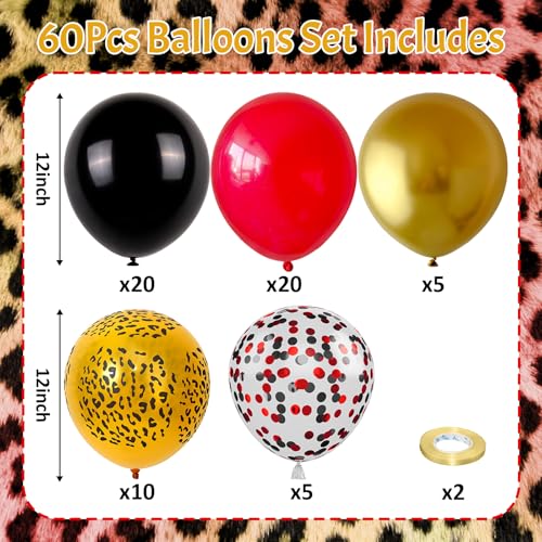 Image of Red Black Cheetah Balloons, 60Pcs 12Inch Black Red Metallic Gold and Leopard Print Balloons with Confetti Latex Balloon for Wild Animal Jungle Safari Zoo Theme Birthday Bachelorette Party Decoration