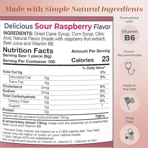 Image of Three Lollies Preggie Drops Plus Pregnancy Nausea Relief Drops with 10 mg Vitamin B6 and Essential Oils, Morning Sickness and Queasy Stomach Support for Pregnant Women, Sour Raspberry, 100 Count