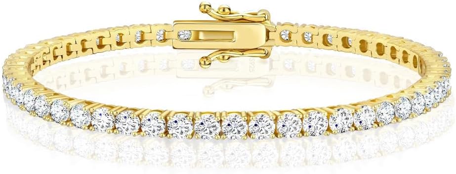 VVS1/D 6.55 Ctw. 14K Solid Yellow Gold Bonded Solitaire Crystal Clear Lab Grown Simulated Diamonds One Row Tennis Link Chain Bracelet Unisex 4mm