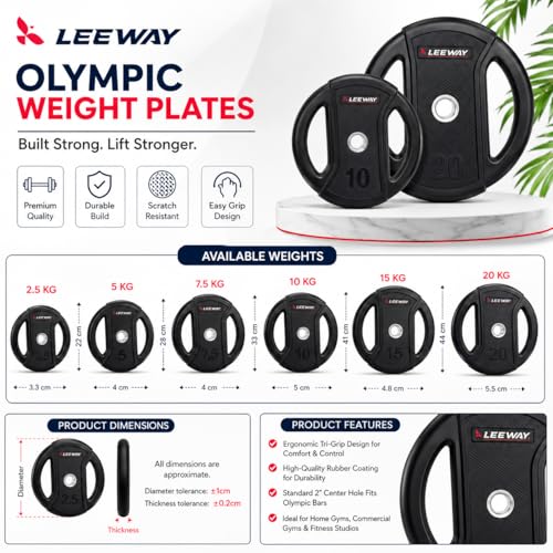 Image of Leeway Olympic Barbell Rod with Plates (120kg Set) | 7ft Chrome Otis Bar 20kg + Weight Plates | 51mm Rubber Coated Olympic Plate | Home Gym Weight Lifting Combo (2.5kgX2+5kgX2+7.5kgX2+10kgX2+15kgX2+20kgX2)