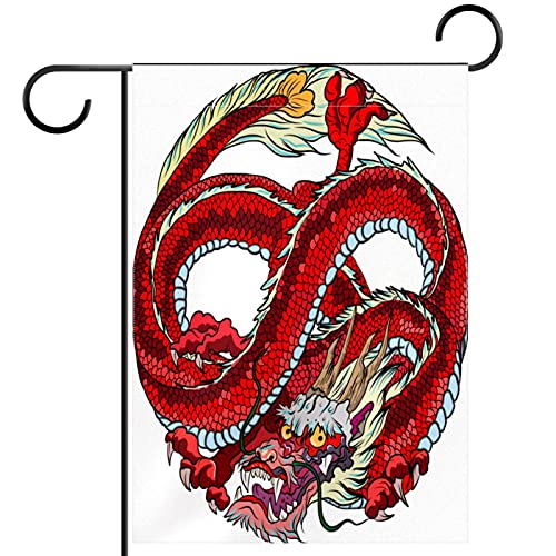 Drapeau de jardin chinois dragon rouge en pongé de haute qualité avec finitions soignées