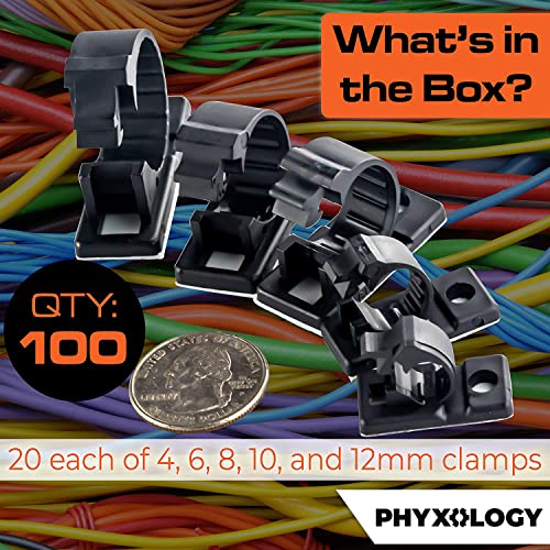 PHYXOLOGY SUPPLY - Juego de 100 abrazaderas adhesivas para cables en varios tamaños (4, 6, 8, 10 y 12 mm), color negro, para organización de cables en el hogar y oficina, instalación sin herramientas miniatura 3