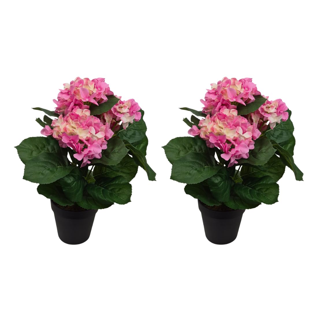 GreenBrokers x2 Artificial 42cm Pink Hydrangea Bush in Black Plastic Pot - UV Protected - Faux Silk