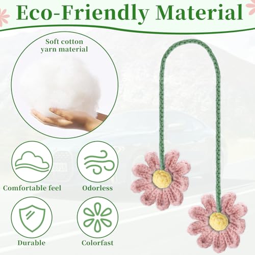 2 PCS Crochet Daisy Car Accessories for Women, Car Rearview Mirror Hanging Accessories, Handmade Cute Cars Accessory for Women Aesthetic, Girly Pink Crochet Flowers Cars Decor (Pink)