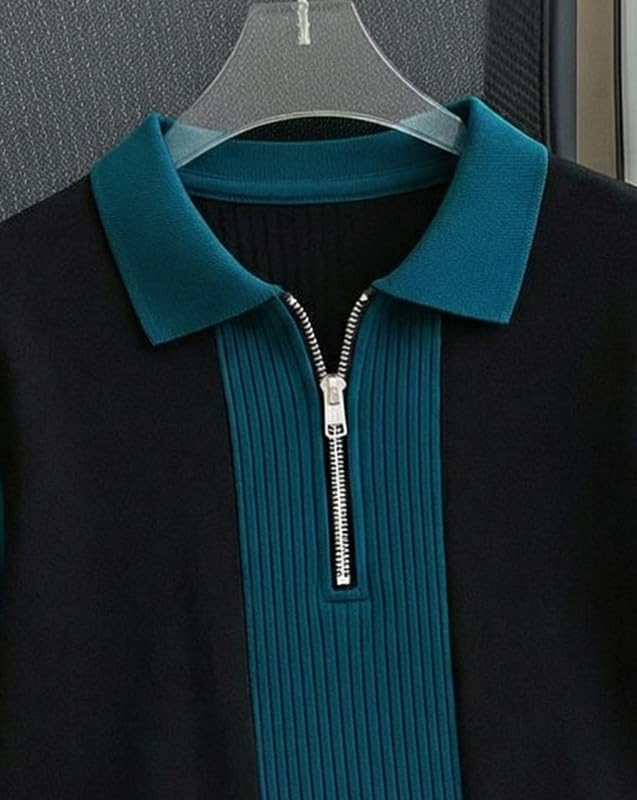 Image of AUSK Men's Textured Vertical Striped Knit Polo T-Shirt | Half Sleeve Zipper Neck Self-Design Casual Tee | Mens Tshirts