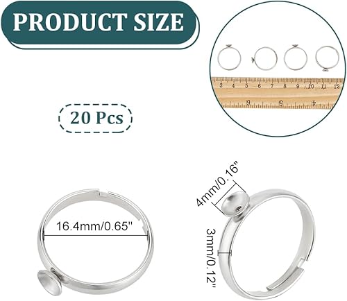 Miniatura 4 de UNICRAFTALE Juego de 20 anillos de dedo ajustables de 0.646 in de acero inoxidable 304 en blanco, base de anillo de dedo de metal para base de